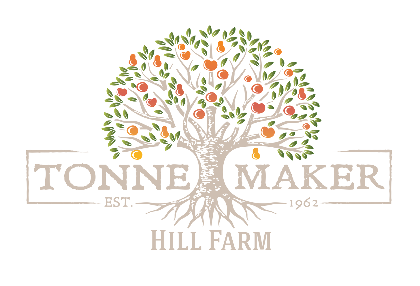 Farm logo featuring a stylized evergreen tree, representing sustainability and agriculture. The design emphasizes a clean, modern look with bold typography.